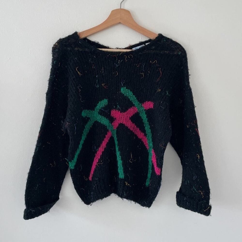 Vintage 80s Black Geometric Sweater / Loose Knit Fuzzy Sweater Top Sz L / Retro